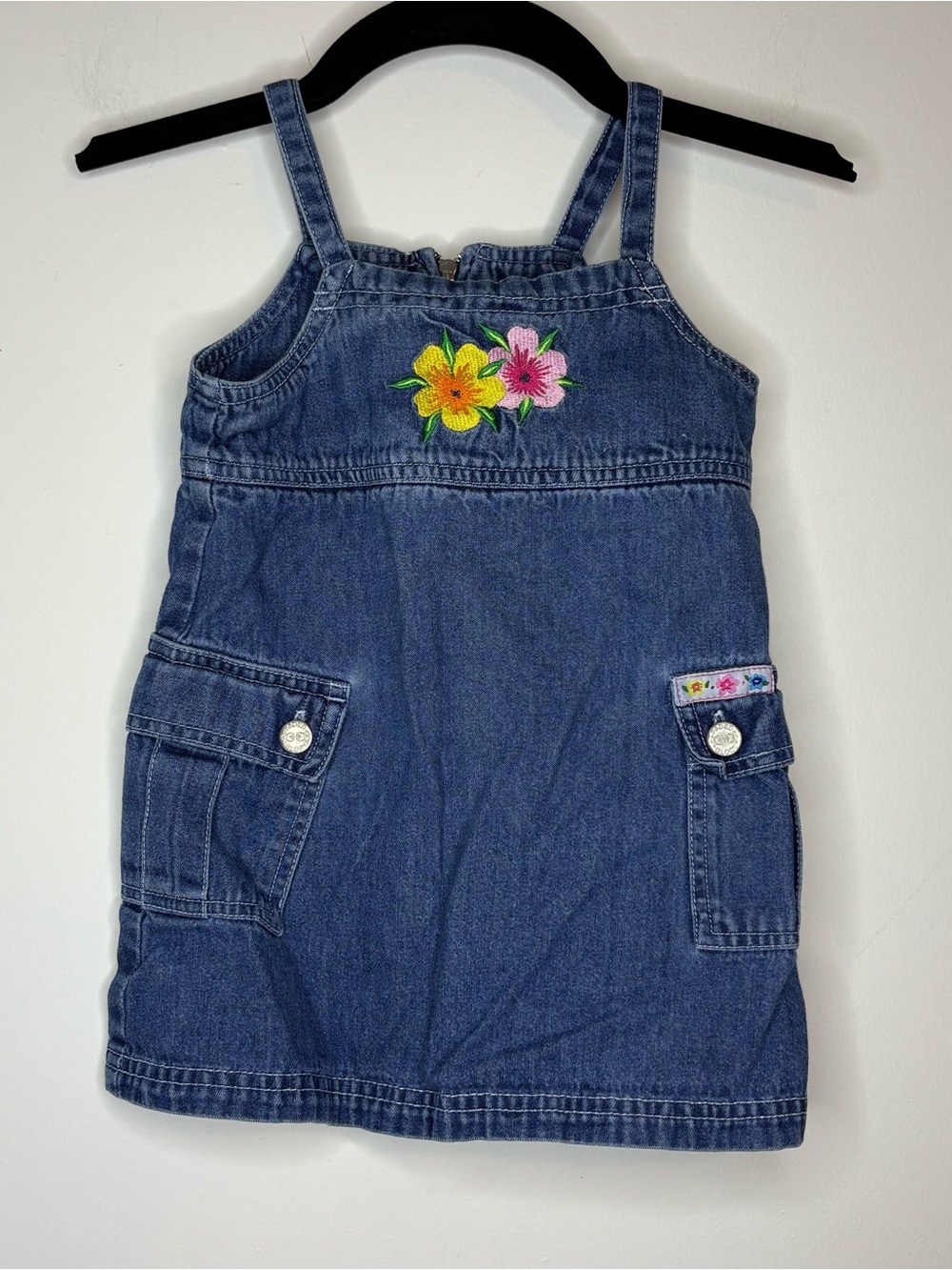Vintage 90’s Y2K Faded Glory Girls 2T Denim Summer Dress With Floral Details